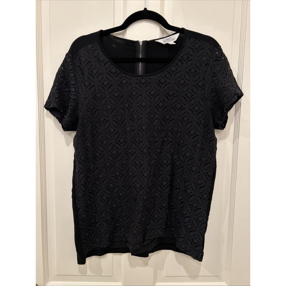 Market & Spruce Hans Crochet Front Mixed Material Top, Black, Large